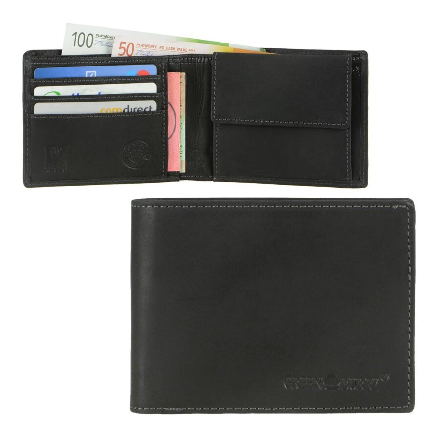 Geldbörse Vintage-Look Sicherheit Leder schwarz | Greenburry. Klassisches Herrenportemonnaie mit RFID-Schutz und sieben Kartenfächern.