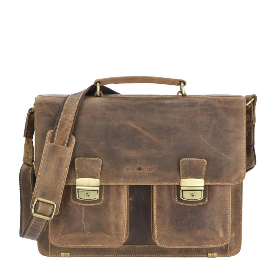 Aktentasche Leder 3 Hauptfächer antikbraun 39x31cm A4 | Greenburry Vintage Business Tasche für Herren. Robuste Collegetasche und Lehrertasche.