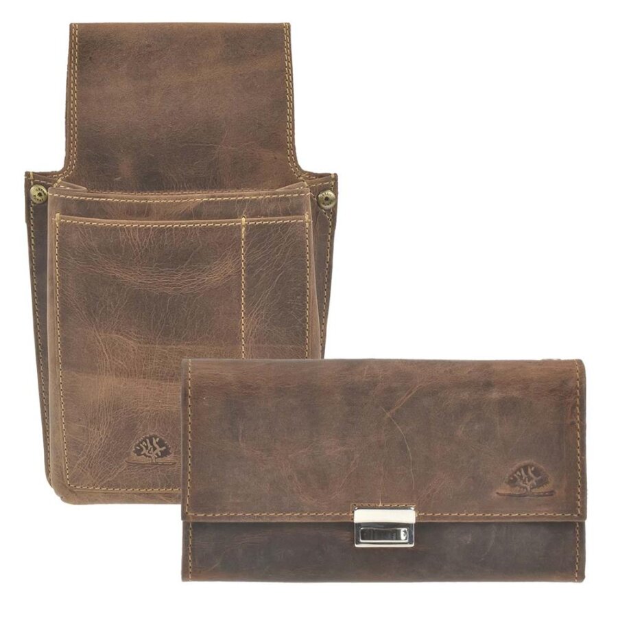 Greenburry Kellnerbörse Set mit Holster Leder antik braun. Profi Taxi Portemonnaie Gastronomie Geldbörse mit Gürteltasche für Kellner.