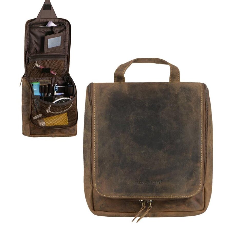 Kulturtasche zum Aufhängen mit 10 Gummischlaufen Leder antikbraun 22x25x8cm | Greenburry Vintage Kulturbeutel Waschtasche für Herren und Damen.