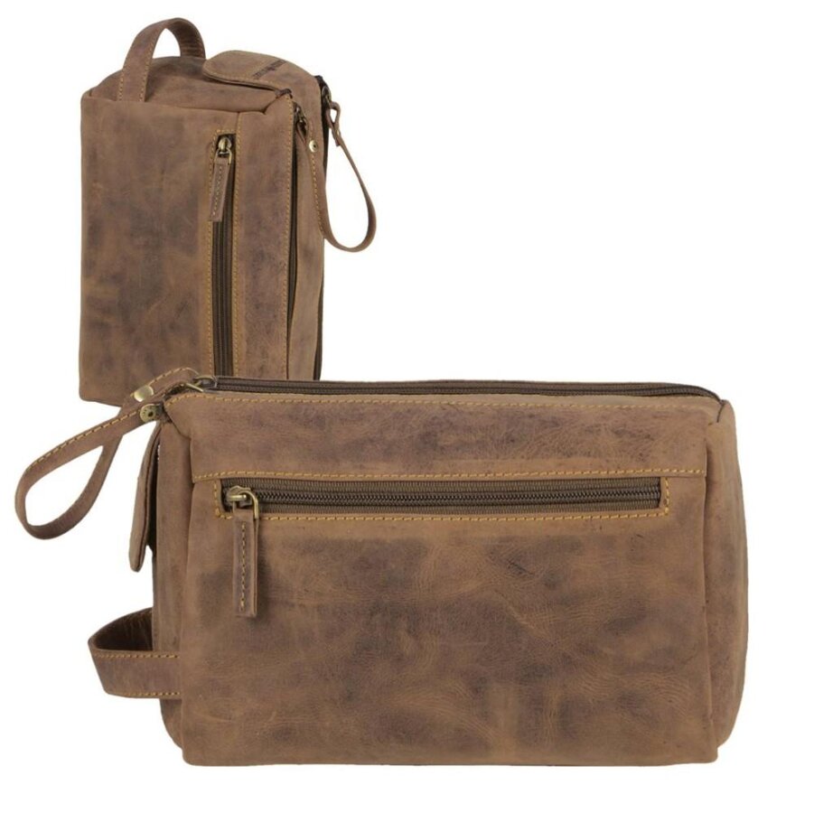 Kulturbeutel aus Leder antikbraun | Greenburry Vintage | Hochwertige Waschtasche mit Reißverschlussfächern für stilvolle Reisen.