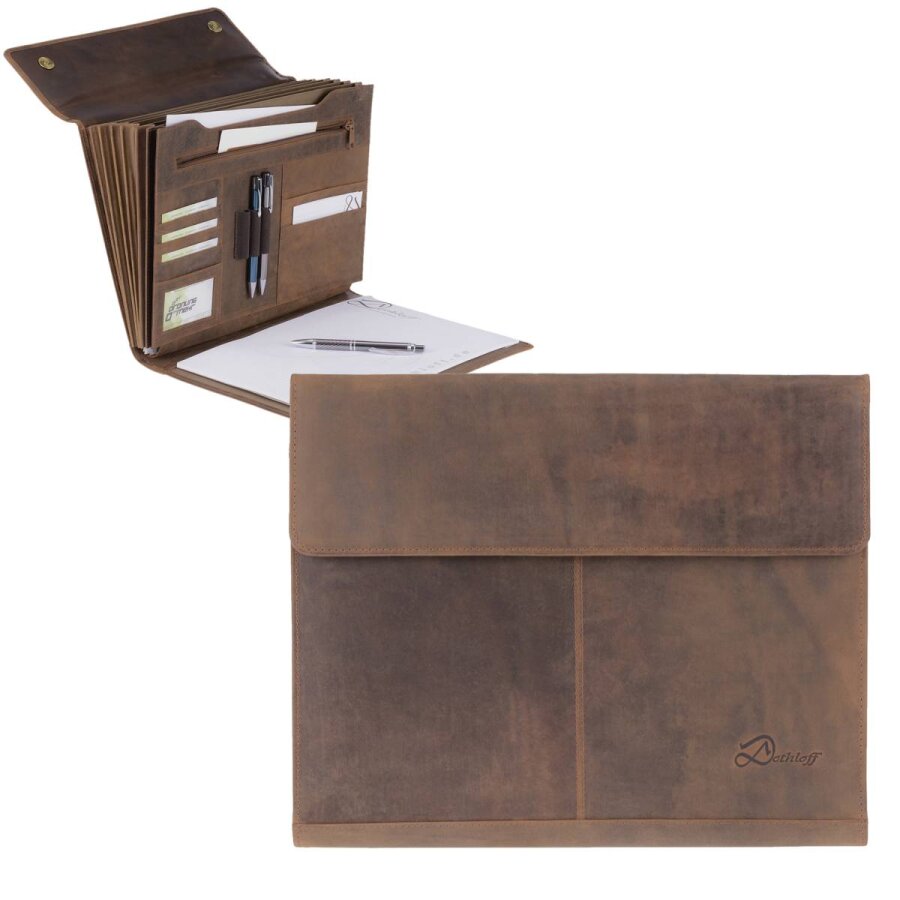 Fächermappe A4 7 Fächer Leder braun Leopold. Hochwertige Dokumentenmappe und Aktenmappe ideal für Büro, Anwalt und Studium | Dethloff