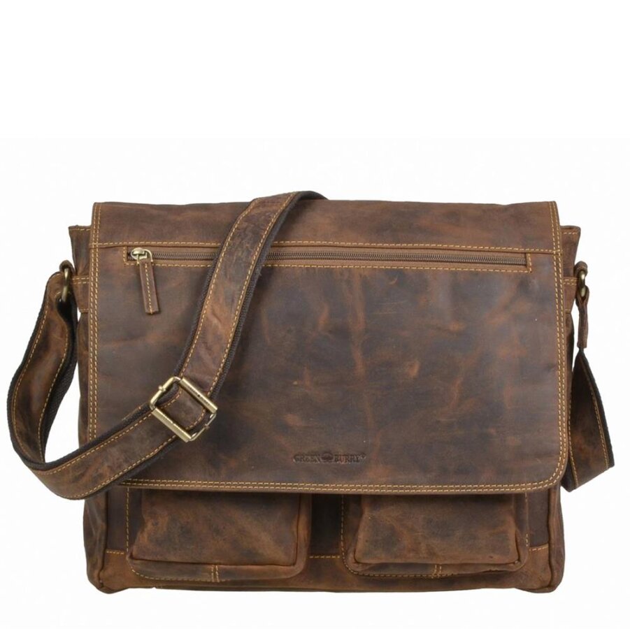 Umhängetasche mit Notebookfach aus Leder in antikbraun Schultertasche | Greenburry. Geräumige Businesstasche für Büro und Uni im Alltag geeignet.
