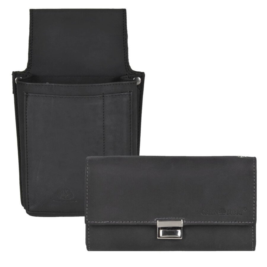 Kellnerportemonnaie Set 7 Scheinfächer Leder schwarz | Greenburry Gastronomie Geldbeutel mit Holster und Stiftschlaufe Vintage Black