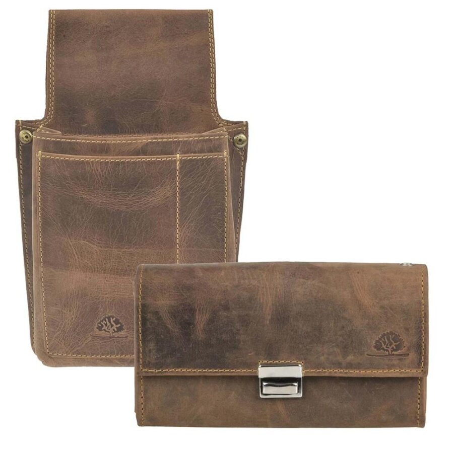 Kellnerbörse Set 6 Scheinfächer 17,5x9,5cm Leder antikbraun | Greenburry Kellnerportemonnaie mit robustem Holster und praktischer Gürtelschlaufe