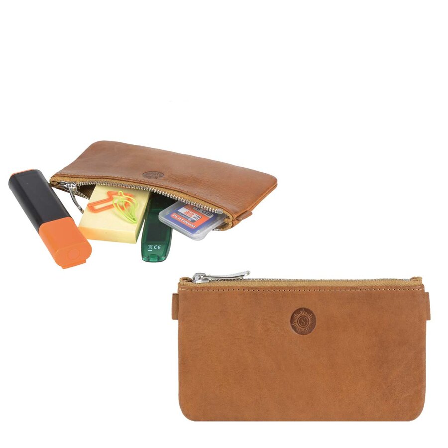 Stifteetui klein flach Leder naturbraun 14x8cm | Sonnenleder Büchner Etui. Ein eleganter Organizer für Ihre Schreibgeräte in Tasche und Rucksack.