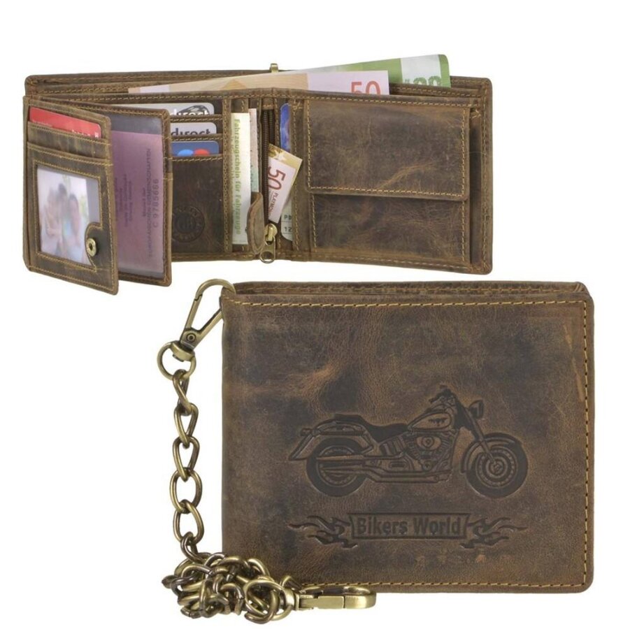 Kettenbörse Leder Bike-Prägung antikbraun | Greenburry Vintage Biker Portemonnaie Querformat mit Metallkette. Sicherer Organizer für Fahrer.
