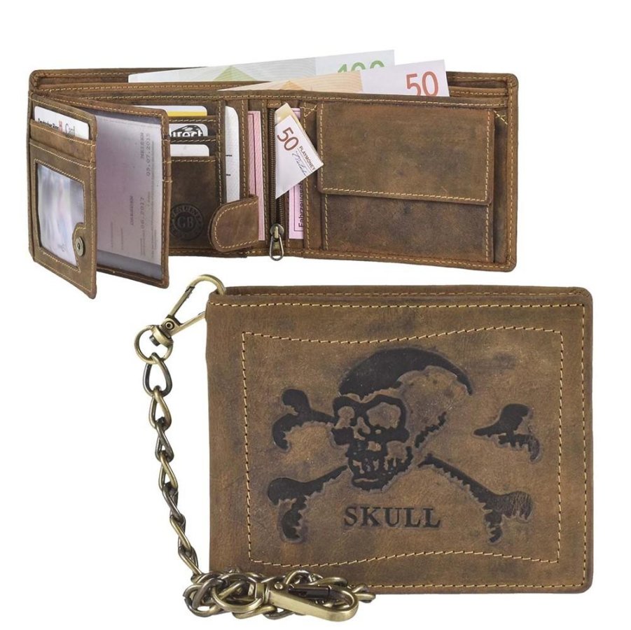 Geldbörse Leder 12x10cm mit Kette Skull 'Vintage' antikbraun Greenburry 1796-SKULL