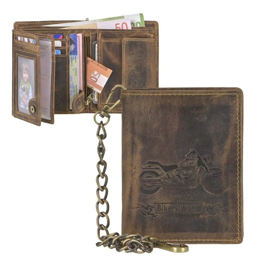 Geldbörse Leder 10x12cm mit Kette Motorrad 'Vintage' antikbraun Greenburry 1796A-BIKE-25