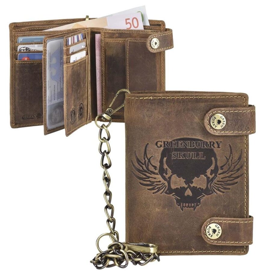 Kettenbörse Leder Skull-Prägung antikbraun | Greenburry Vintage Biker Portemonnaie mit Karabinerkette. Sicherer Organizer für Motorradfahrer.