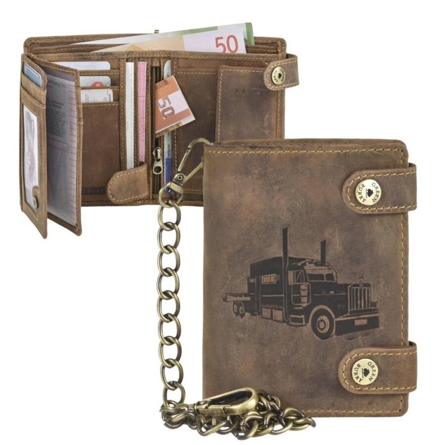 Kettenbörse mit Truck-Prägung aus Leder antikbraun | Greenburry Vintage | Robuste Bikerbörse mit Karabinerkette für maximale Sicherheit.