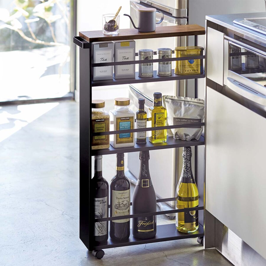 Yamazaki Küchenwagen schmal mobil 13x80x45cm Metall Holz schwarz. Ein moderner Nischenwagen für die strukturierte Organisation in Ihrer Küche.