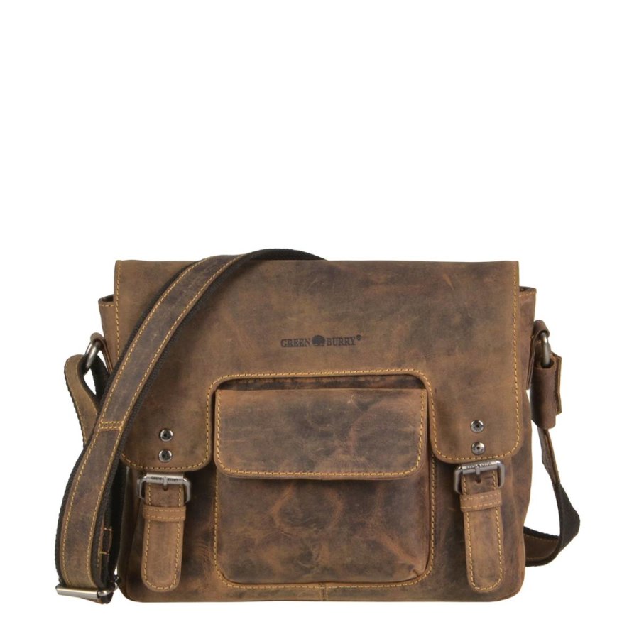 Greenburry Umhängetasche Herren Leder 30x25cm 'Vintage' antikbraun, Schultertasche, kleines Format, Hauptfach im A5 Format, mit Schultergurt, sportlic