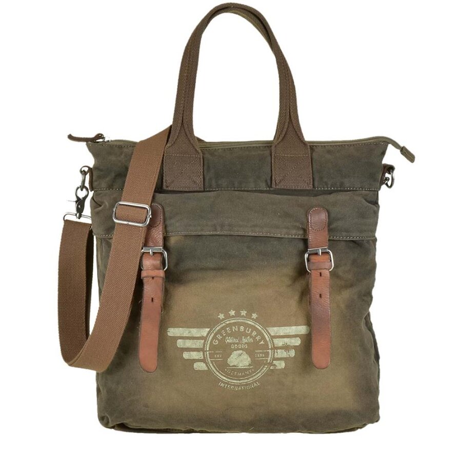 Shopper mit Lederparts aus Canvas in khaki Format A4 Ordner | Greenburry. Robuste Schultertasche Aviator für Beruf, Schule und den Alltag im Büro.