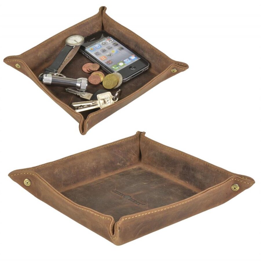 Taschenleerer Valet Tray Leder antikbraun 20x20cm | Greenburry Praktische Ablageschale für Schlüssel und Geldbörse im Flur oder auf dem Schreibtisch.
