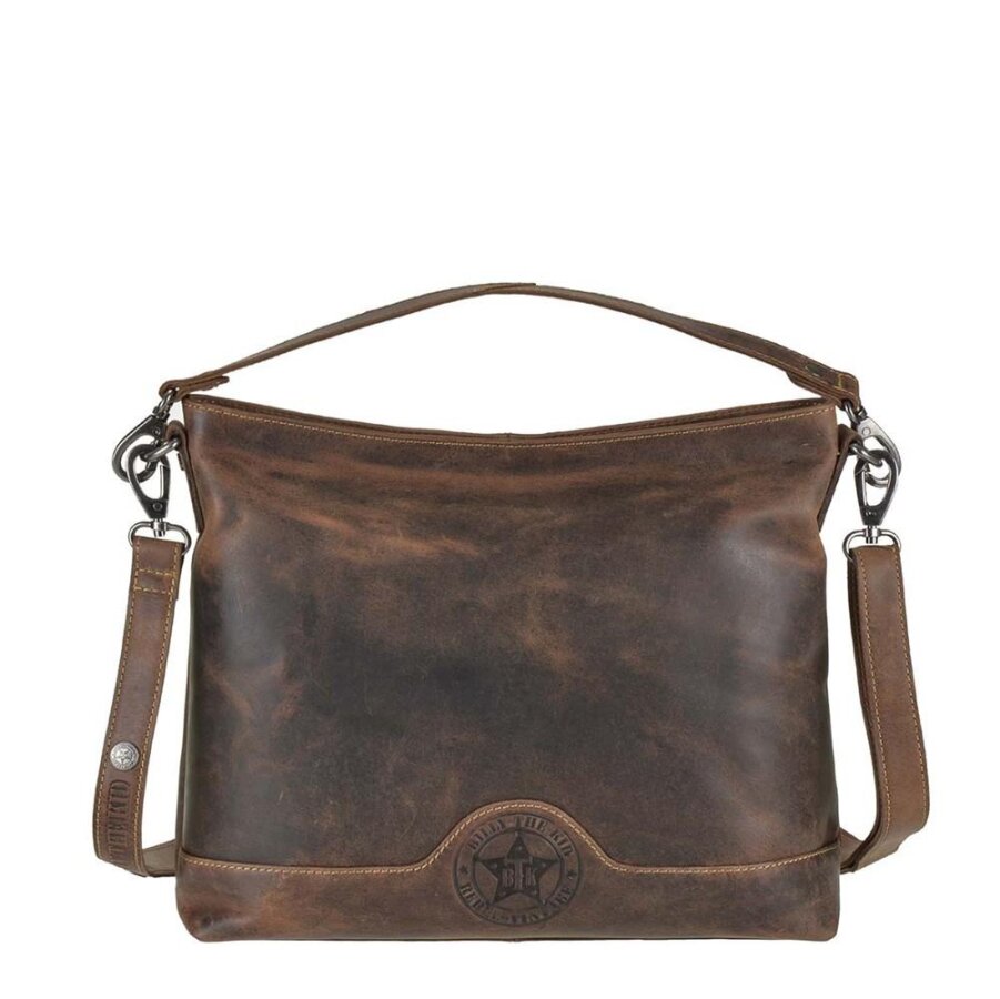 Beuteltasche Leder A4 antikbraun 34x28cm | Billy the Kid Ranger Shopper mit 165cm Schultergurt. Große Umhängetasche für Damen mit viel Stauraum.