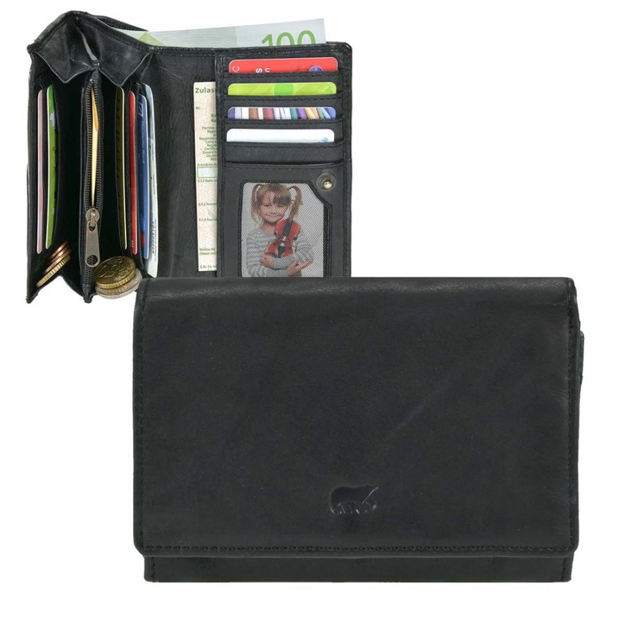 Bear Design Portemonnaie Damen Leder klein 13x9cm 'Lieke', kompakte Geldbörse mit 9 Kartenfächern, knautschig weiche Damenbörse, schwarz