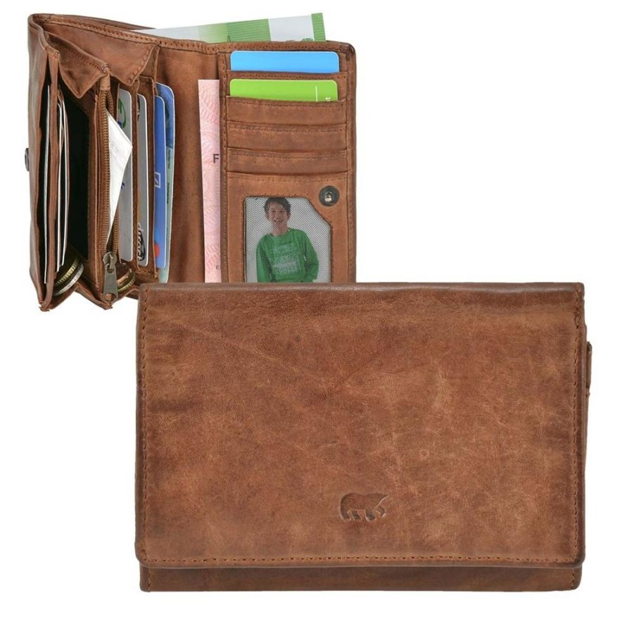 Portemonnaie Damen Leder klein (cognac braun) 13x9cm 'Lieke', kompakte Geldbörse mit 9 Kartenfächern, knautschig weiche Damenbörse BEAR DESIGN
