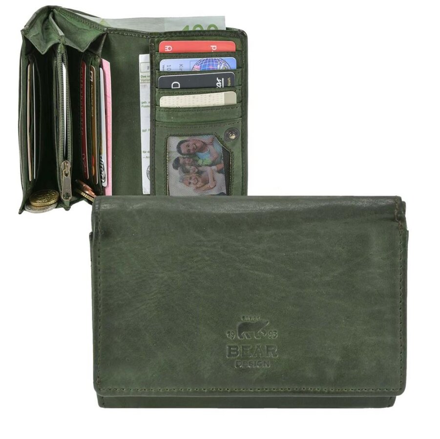 Portemonnaie Damen kompaktes Alltags-Portemonnaie Leder grün 13,5x9,5cm | Bear Design Lieke. Handliche Geldbörse mit 9 Kartenfächern für Damen.