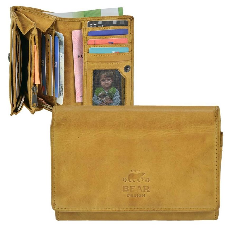 Bear Design Portemonnaie Damen Leder klein 13x9cm 'Lieke', kompakte Geldbörse mit 9 Kartenfächern, knautschig weiche Damenbörse, ocker gelb