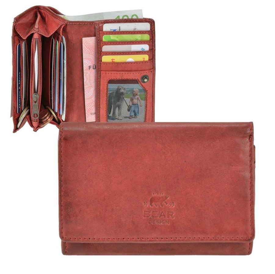 Bear Design Portemonnaie Damen Leder klein 13x9cm 'Lieke', kompakte Geldbörse mit 9 Kartenfächern, knautschig weiche Damenbörse, rot