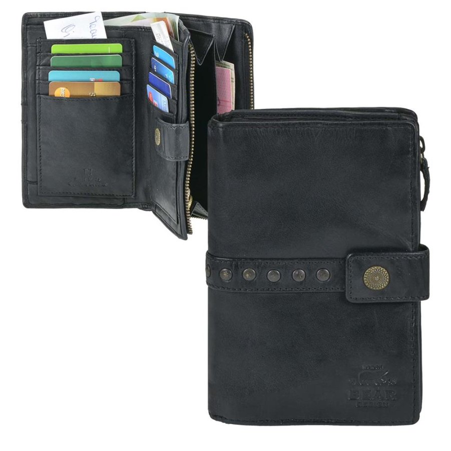 Portemonnaie Damen weiches Leder (schwarz) mittelgroß 10x15cm 'Sanne' Geldbörse Geldbeutel, 8 Kartenfächer, Damenportemonnaie BEAR DESIGN