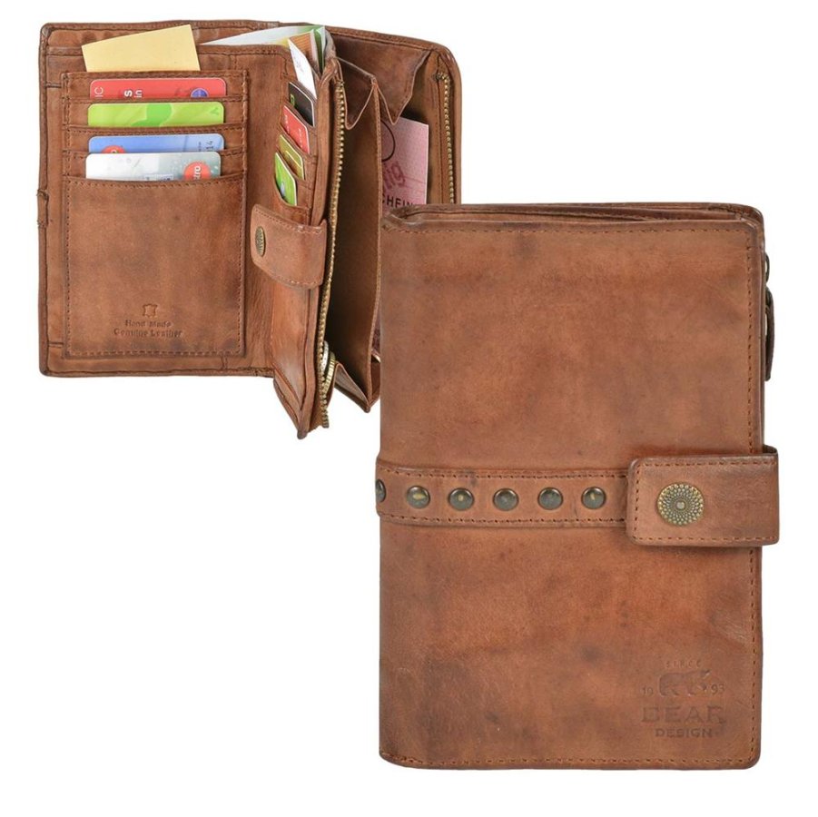 Portemonnaie Damen weiches Leder (cognac braun) mittelgroß 10x15cm 'Sanne' Geldbörse Geldbeutel, 8 Kartenfächer, Damenportemonnaie BEAR DESIGN