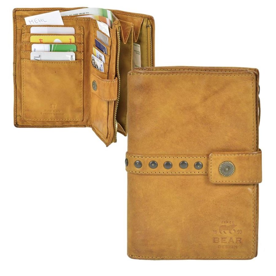Portemonnaie Damen weiches Leder (ocker gelb) mittelgroß 10x15cm 'Sanne' Geldbörse Geldbeutel, 8 Kartenfächer, Damenportemonnaie BEAR DESIGN