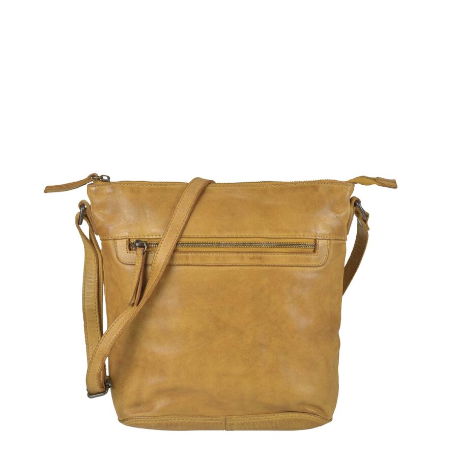 Umhängetasche Damen 3 Reißverschlussfächer Leder ocker gelb 30x27x7cm | Bear Design Erna. Sicherer Organizer für Reise, Stadtbummel und Freizeit.