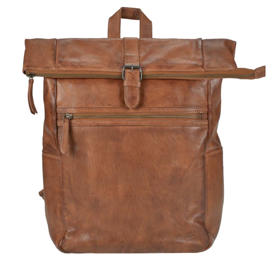 Rucksack Damen Herren Leder (cognac braun) 38x40cm 'Rick', weich und knautschig, mit Notebookfach, für Business, Freizeit und Schule BEAR DESIGN