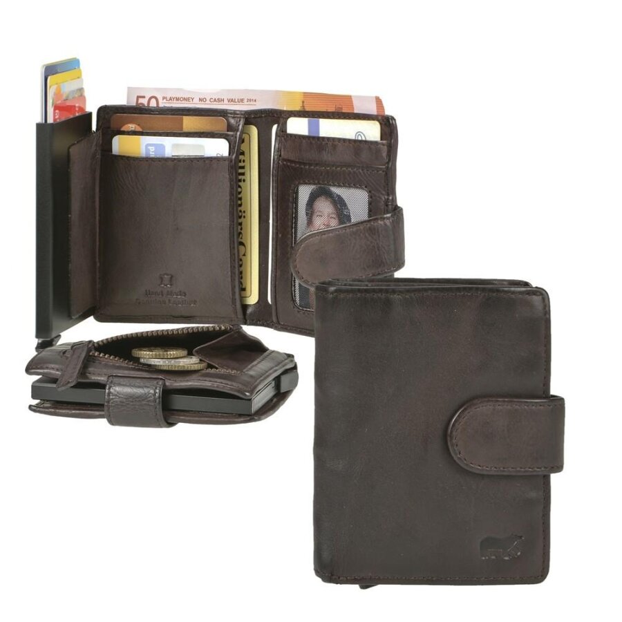 Karten Portemonnaie Herren RFID-Schutz Leder braun 8,5x10cm | Bear Design. Stilvolle Kartenbörse mit Aluminium-Gehäuse und Druckknopfriegel für Herren
