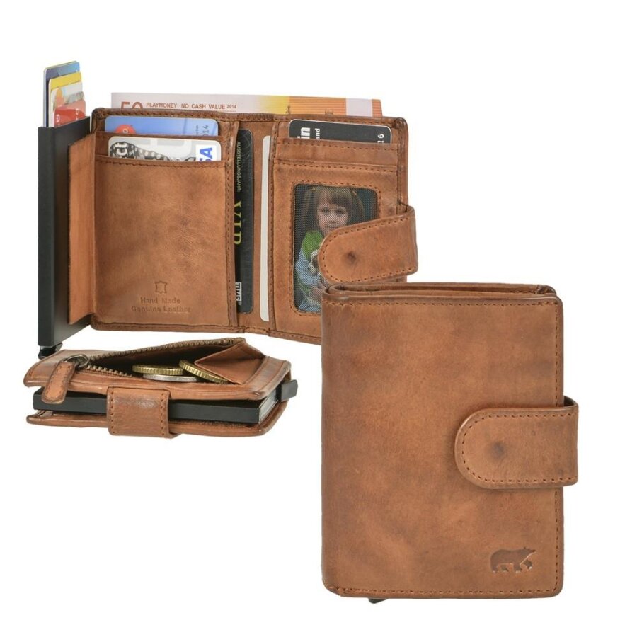 Karten Portemonnaie Herren RFID-Schutz Leder cognac 8,5x10cm | Bear Design. Kompaktes Leder Portemonnaie mit 9 Kartenfächern und sicherem Münzfach.