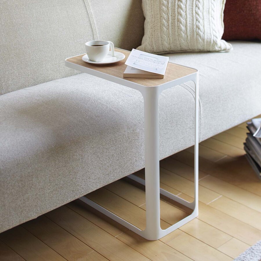 Beistelltisch zum unter die Couch schieben (weiß) C-Form, Nachttisch, Couchtisch, Sofatisch mit Holzplatte 24x52x45cm 'Frame', weiß