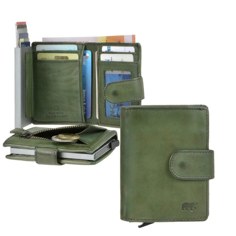 Karten Portemonnaie Herren RFID-Schutz Leder grün 8,5x10cm | Bear Design. Handliches Slim Wallet mit Gleit-Mechanismus und Scheinfach für unterwegs.