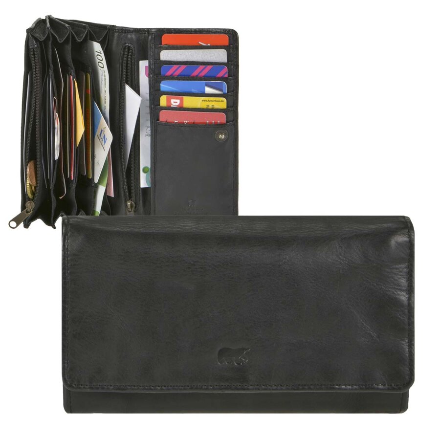 Damen Portemonnaie 12 Kartenfächer 4-fächrig Leder schwarz 17x9cm | Bear Design Noor. Zeitloses Design trifft auf hocheffiziente Fächeraufteilung.