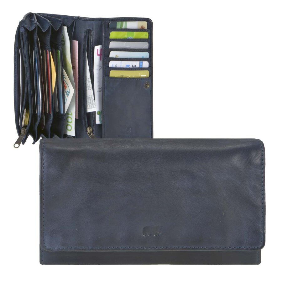Damen Portemonnaie 12 Kartenfächer 4-fächrig Leder blau 17x9cm | Bear Design Noor. Ein intelligentes Raumwunder für Ihre Karten, Scheine und Münzen.