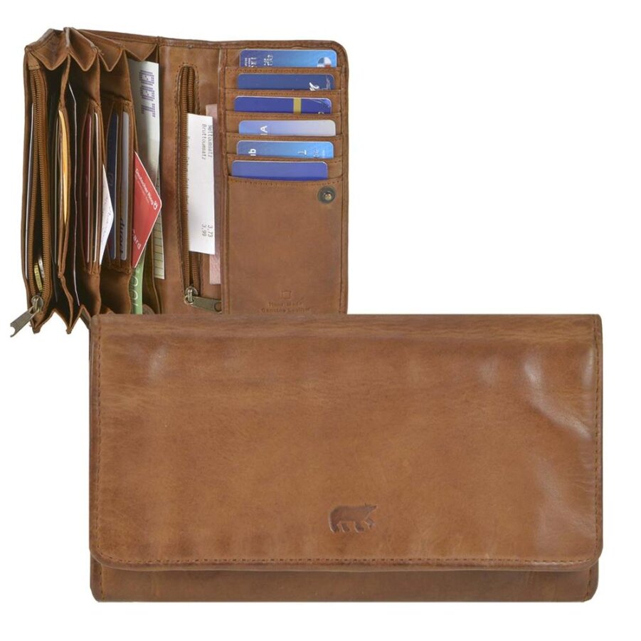 Damen Portemonnaie 12 Kartenfächer 4-fächrig Leder cognac 17x9cm | Bear Design Noor. Funktionale Lederbörse mit separaten Fächern für Ordnungsliebhabe