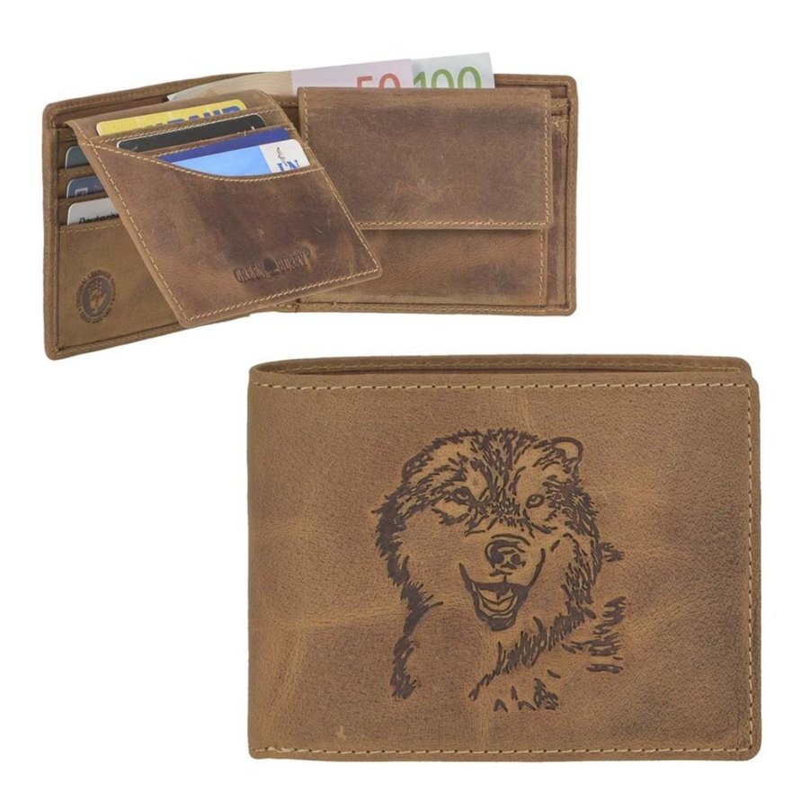 Geldbörse Leder 12x9cm mit Wolf 'Vintage' antikbraun Greenburry 1705-WULF-25