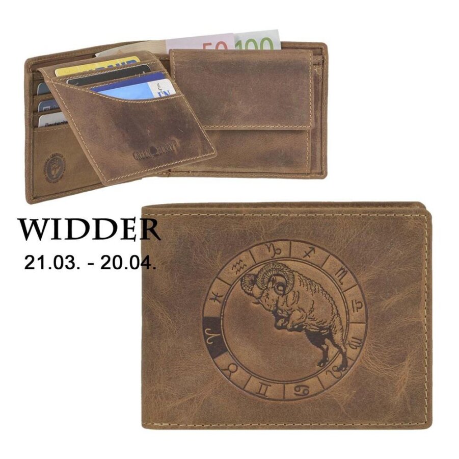 Geldbörse Leder Widder-Prägung antikbraun | Greenburry Vintage Portemonnaie mit Sternzeichen. Kompakter Organizer mit 7 Kartenfächern aus Leder.