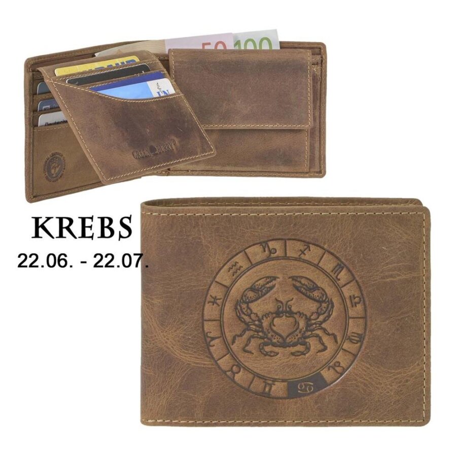 Geldbörse Leder Krebs-Prägung antikbraun | Greenburry Vintage Portemonnaie mit Sternzeichen. Kompakter Organizer mit 7 Kartenfächern aus Leder.