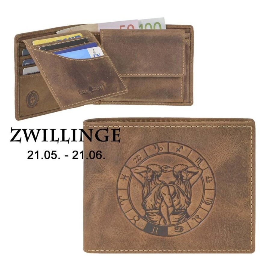 Geldbörse Leder Zwillinge-Prägung antikbraun | Greenburry Vintage Portemonnaie mit Sternzeichen. Strukturierter Organizer mit 7 Kartenfächern.