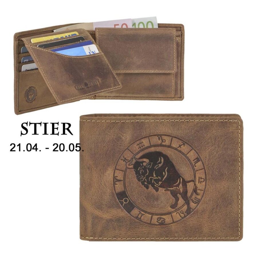 Geldbörse Leder Stier-Prägung antikbraun | Greenburry Vintage Portemonnaie mit Sternzeichen. Robuster Organizer mit 7 Kartenfächern aus Leder.