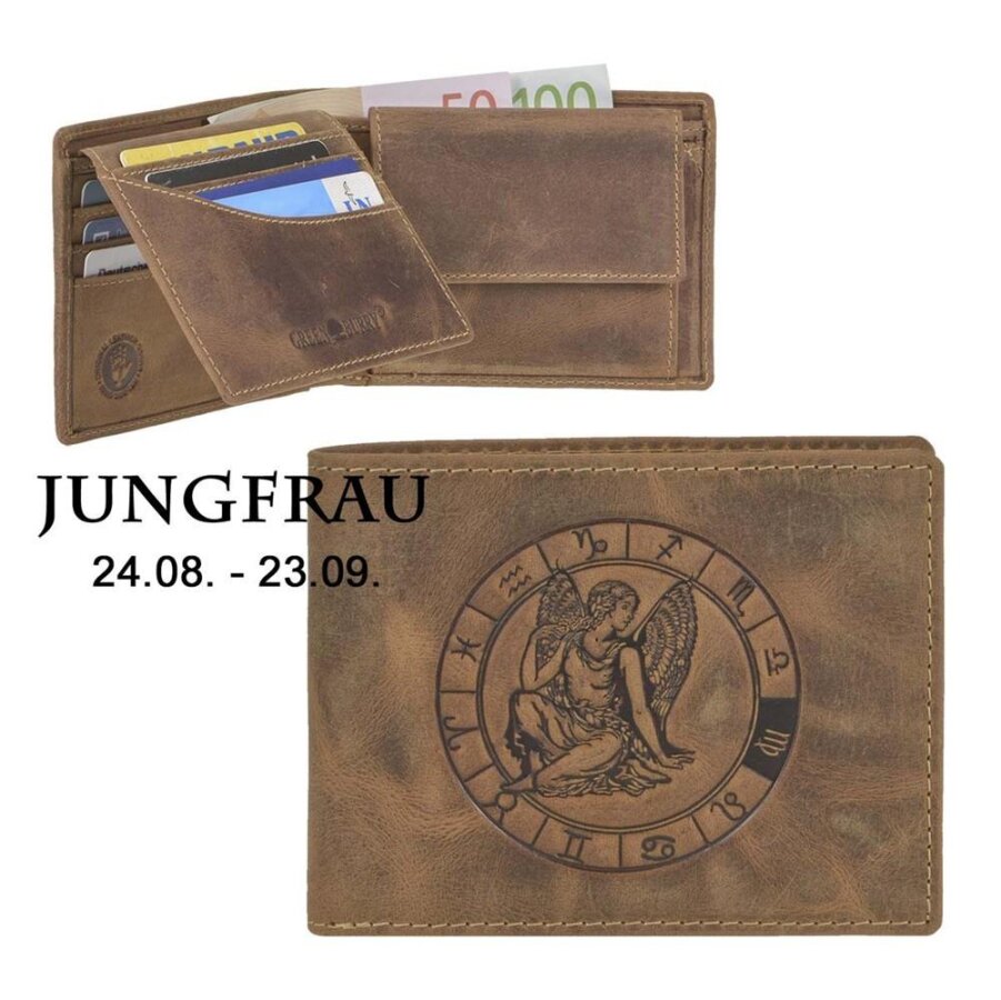 Geldbörse Leder Jungfrau-Prägung antikbraun | Greenburry Vintage Portemonnaie mit Sternzeichen. Strukturierter Organizer mit 7 Kartenfächern.