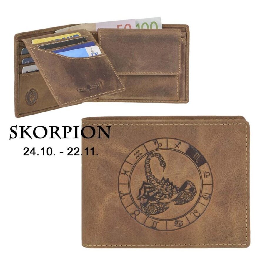 Geldbörse Leder Skorpion-Prägung antikbraun | Greenburry Vintage Portemonnaie mit Sternzeichen. Kompakter Organizer mit 7 Kartenfächern aus Leder.