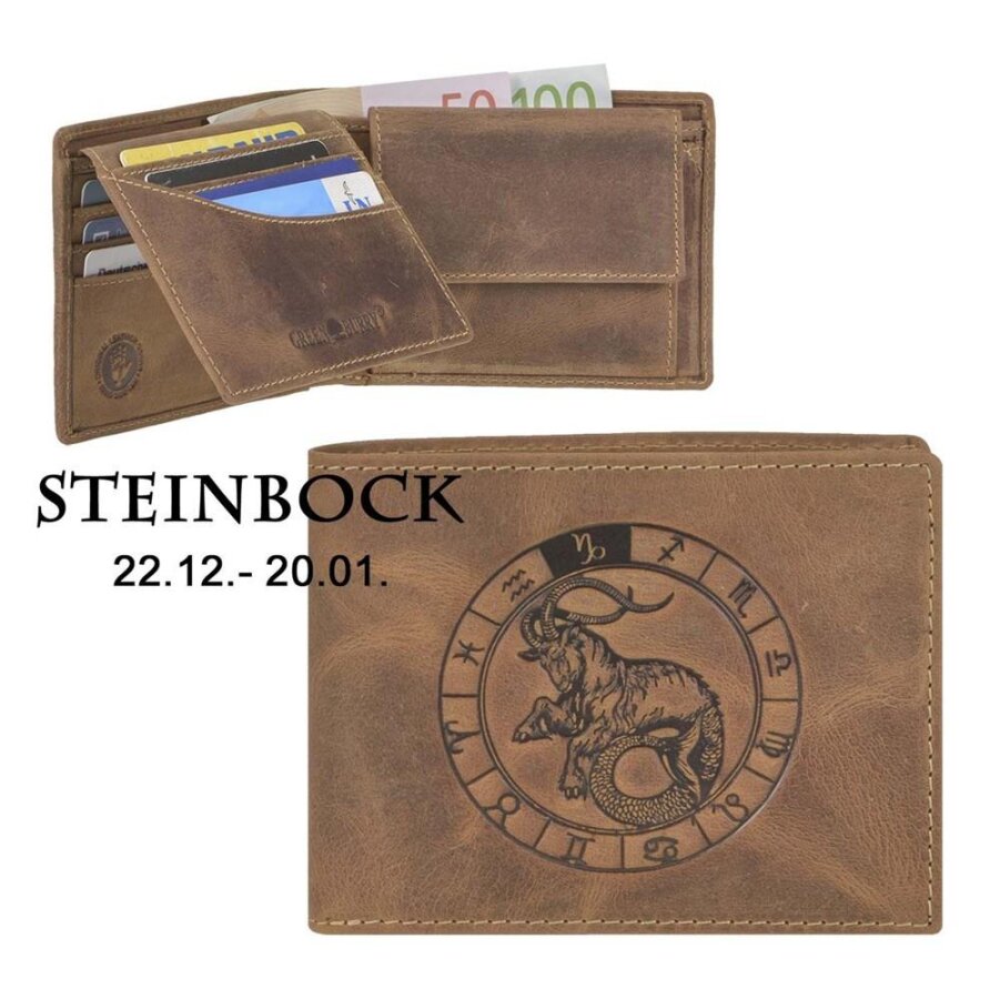 Geldbörse Leder Steinbock-Prägung antikbraun | Greenburry Vintage Portemonnaie mit Sternzeichen. Strukturierter Organizer mit 7 Kartenfächern.