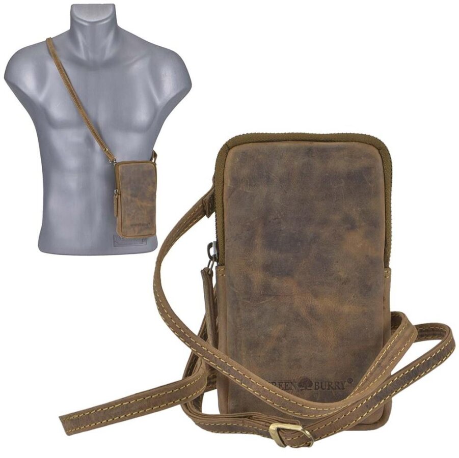 Greenburry Handy-Umhängetasche Vintage extra langer Gurt Damen Herren Handytasche zum Umhängen | Leder antikbraun
