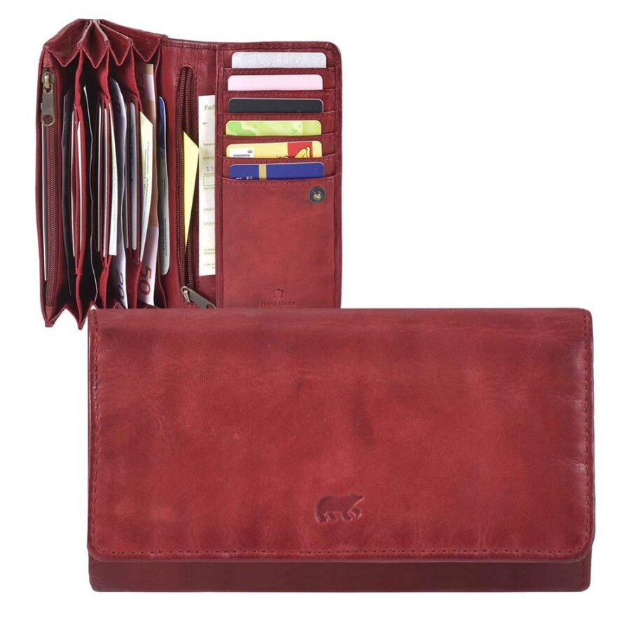 Damen Portemonnaie 12 Kartenfächer 4-fächrig Leder rot 17x9cm | Bear Design Noor. Übersichtliche Geldbörse mit drei sicheren Reißverschlussfächern.