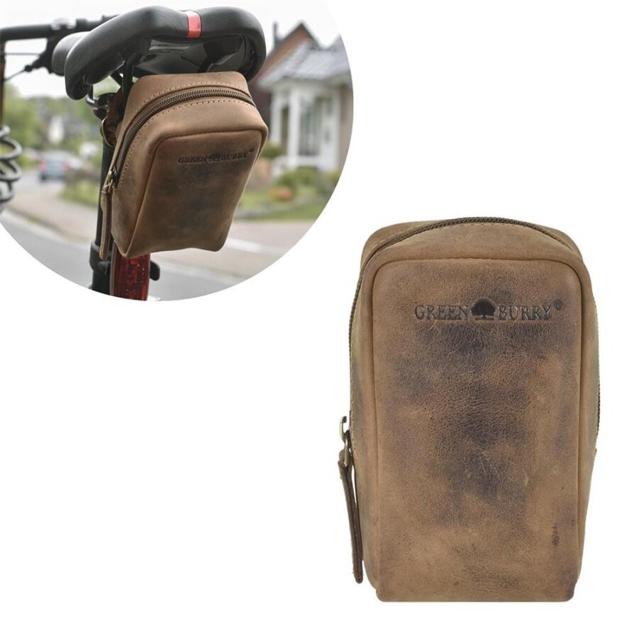 Fahrradtasche Sattelbefestigung Leder antikbraun 8x13cm | Greenburry. Kompakte Lösung für Flickzeug und Ersatzschlauch sicher unter dem Sattel verstau