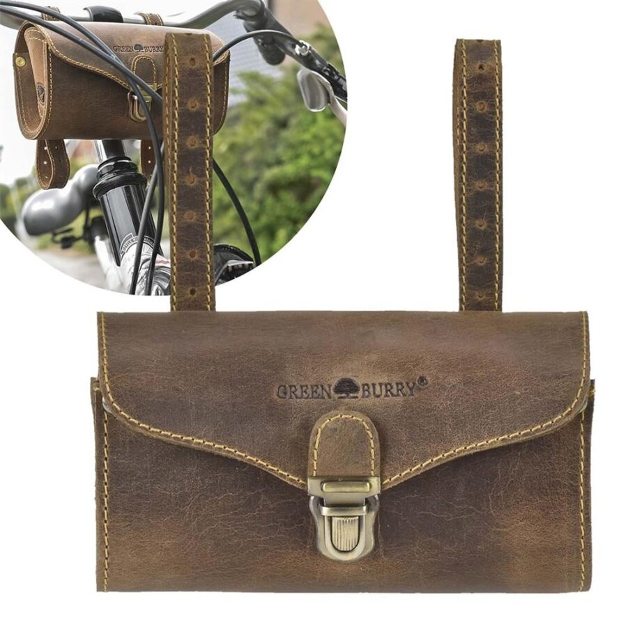 Fahrradtasche mit Lenkerbefestigung Leder antikbraun 17x10cm | Greenburry. Robuste Tasche für Flickzeug und kleines Werkzeug auf jeder Radtour.
