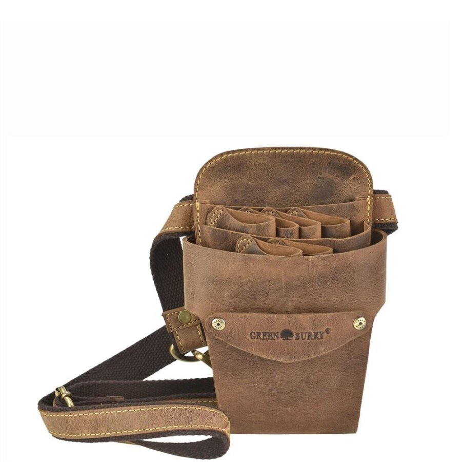 Friseurtasche Leder 6 Scherenfächer antikbraun | Greenburry Vintage Scherentasche für Profis. Strukturierter Holster mit Kammfach und Gurt.